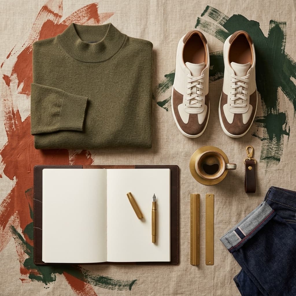 Men's modern creative director moodboard with olive mock-neck sweater, suede sneakers, blank leather folio, and brass fountain pen without text
